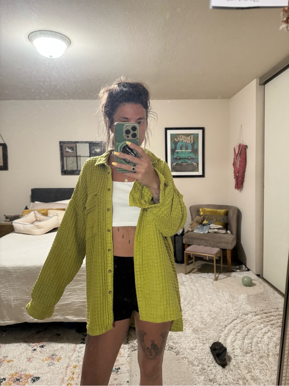 Urban Outfitters Olive Green Waffle Knit Button-Up Tunic